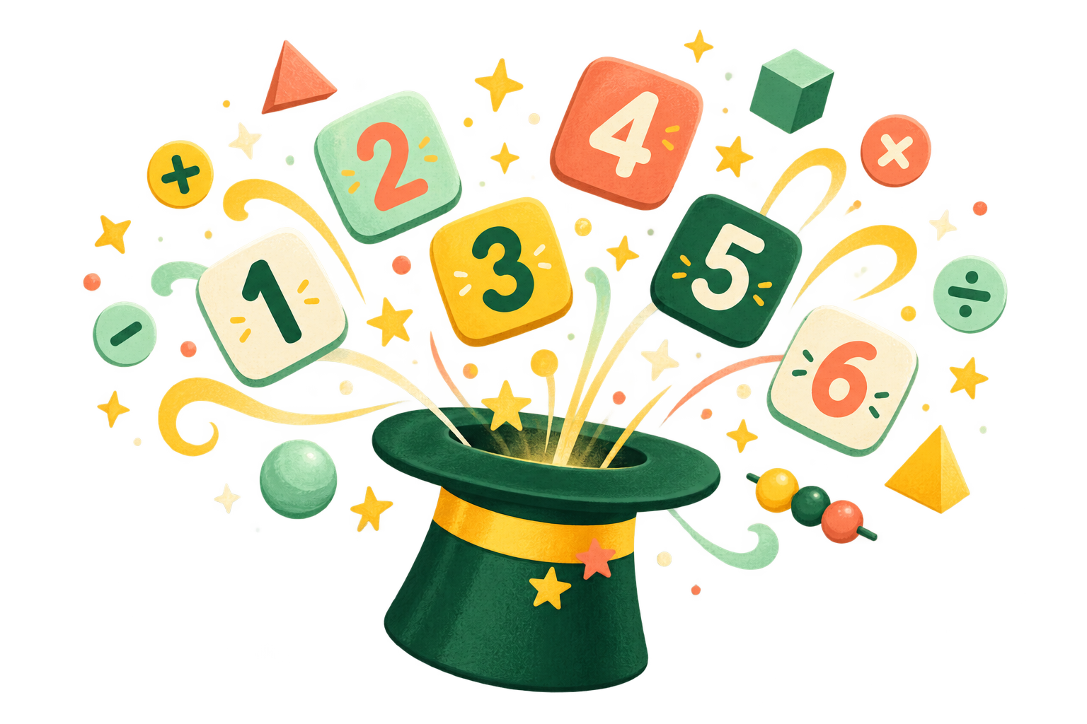 Playful illustration of a magician's hat sending colorful number tiles and stars into the air